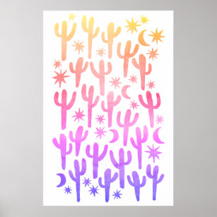 Night Desert Fun Cactus Pastel Pattern Watercolor Poster