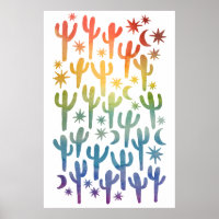 Night Desert Fun Cactus Rainbow Pattern Watercolor