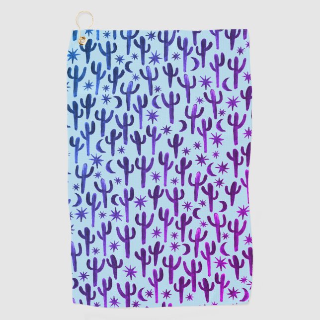 Night Desert Saguaro Cacti Watercolor Ombre Purple Golf Towel (Front)
