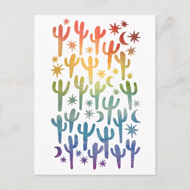 Night Desert Saguaro Cactus Rainbow Watercolor Postcard (Front)