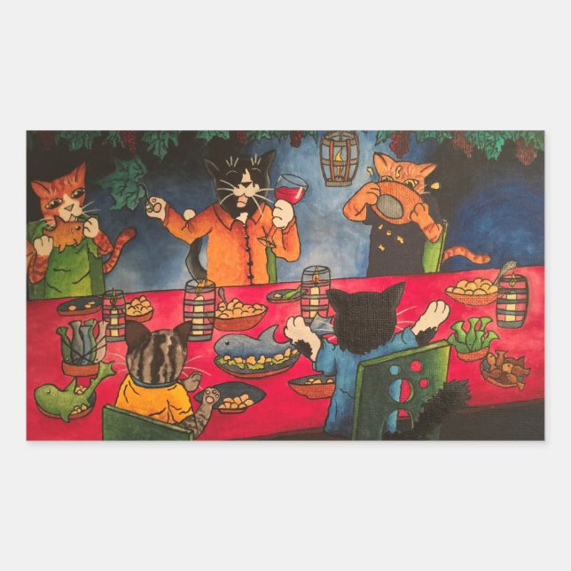 Night Feast Family Cats Rectangular Sticker (Front)