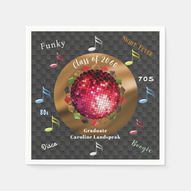 Night Fever Disco Words & Disco Ball Graduation Napkin (Front)