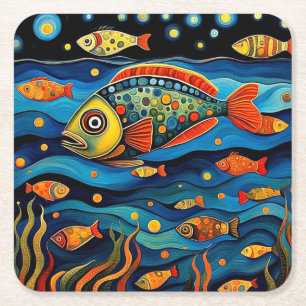 Night Fish Square Paper Coaster