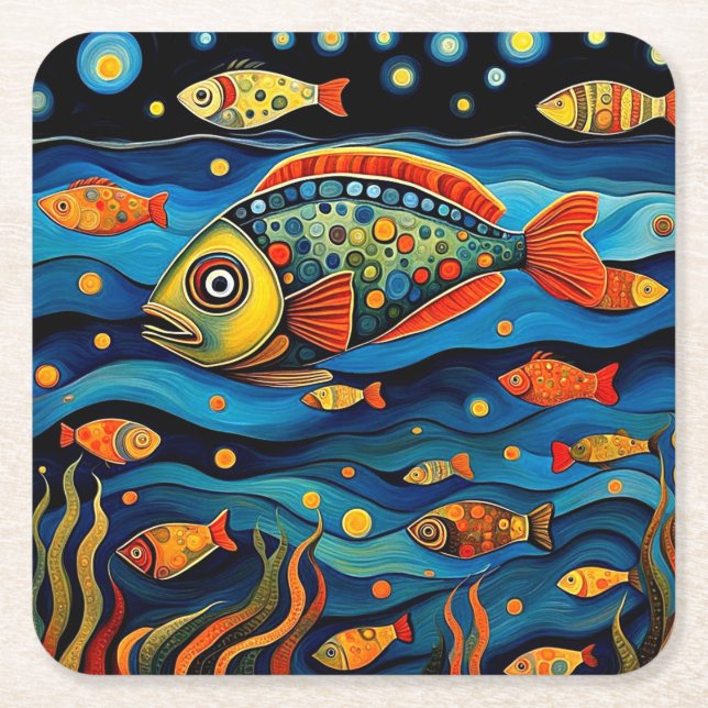 Night Fish Square Paper Coaster (Front)