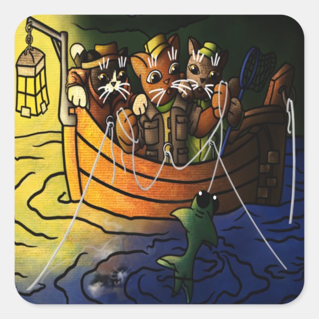 Night Fishing Cats Square Sticker (Front)