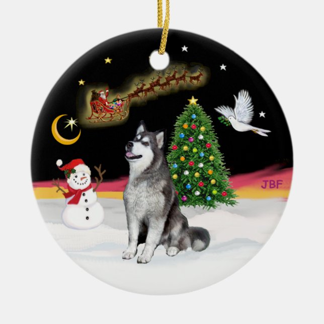 Night Flight - Alaskan Malamute Ceramic Tree Decoration (Front)