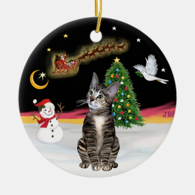 Night Flight  - Brown Tabby cat 2 Ceramic Tree Decoration (Front)