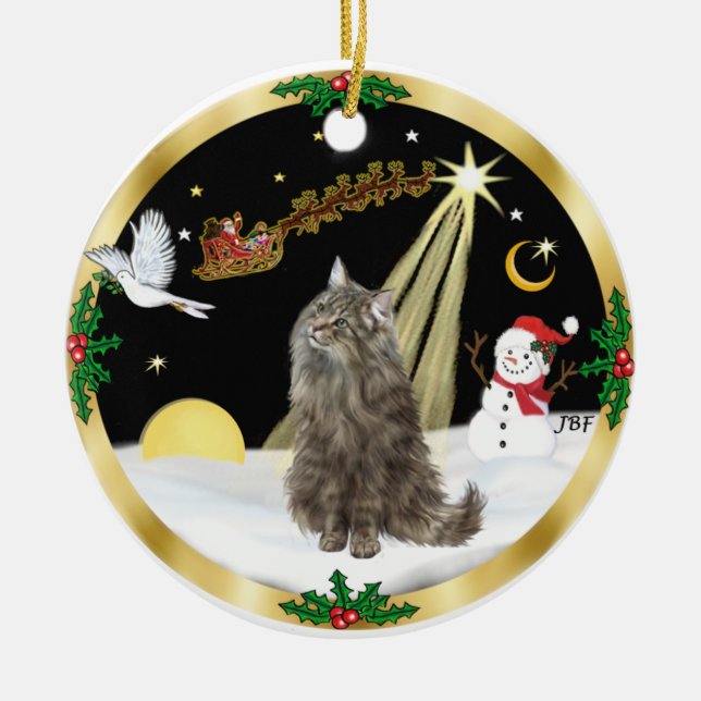 Night Flight (GW) - Norwegian Forest Cat Ceramic Tree Decoration (Front)