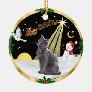 Night Flight - Russian Blue cat Ceramic Tree Decoration