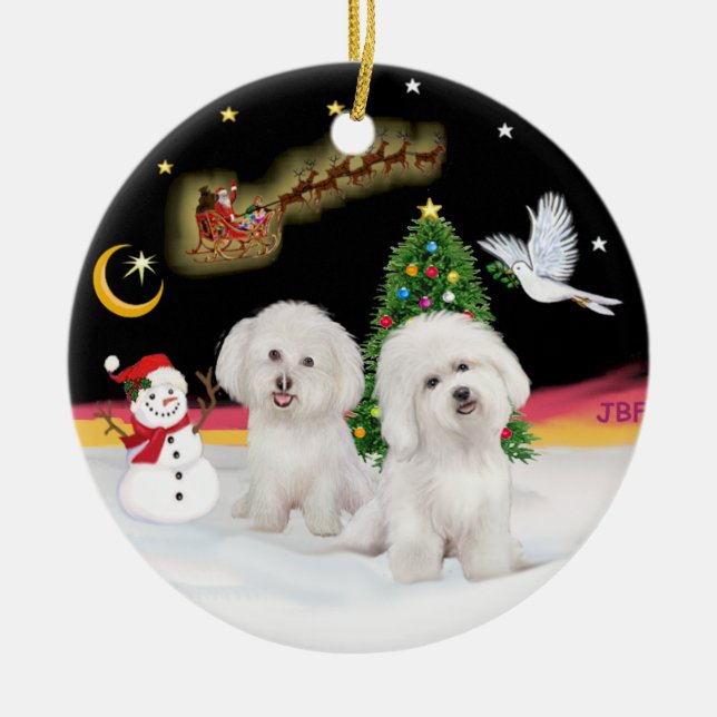 Night Flight - Two Bichon Frise Ceramic Tree Decoration (Front)