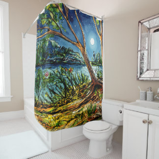 Night Forest and River Watercolor Shower Curtain