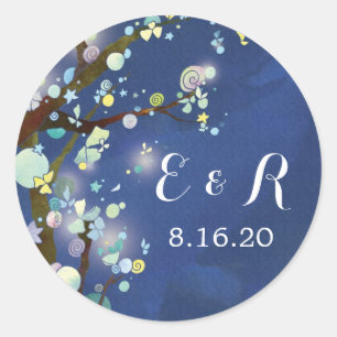 Night Forest Blue Wedding Monograms Classic Round Sticker