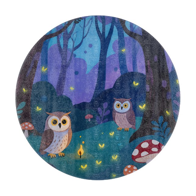 Night Forest Owls Illustration Cutting Board (Front)