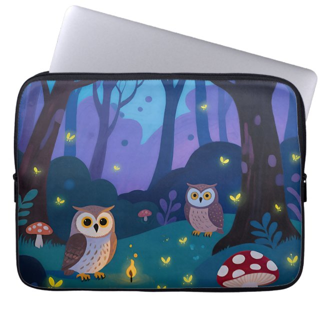 Night Forest Owls Illustration Laptop Sleeve (Front)