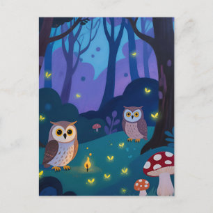 Night Forest Owls Illustration Postcard