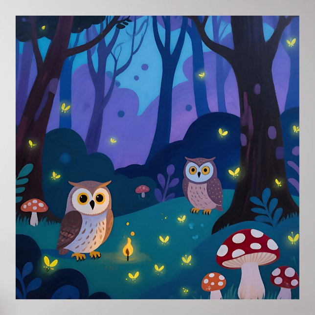 Night Forest Owls Illustration Poster (Front)
