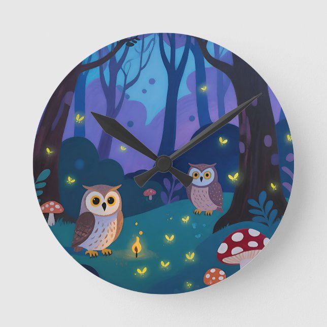 Night Forest Owls Illustration Round Clock (Front)
