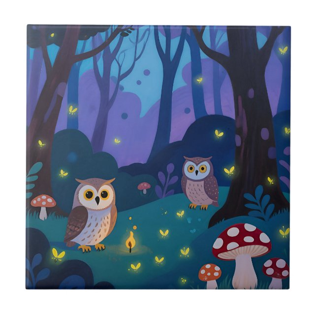 Night Forest Owls Illustration Tile (Front)