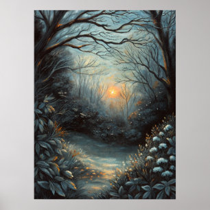 Night Forest Sunset River Art Poster