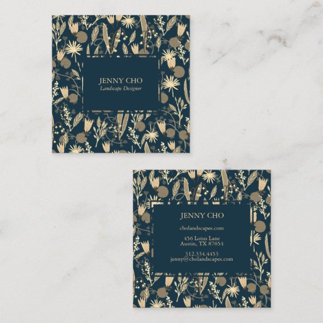 Night Garden Botanical Floral Plants Modern Chic Square Business Card (Front/Back)