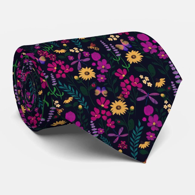Night Garden Floral Botanical Tie (Rolled)