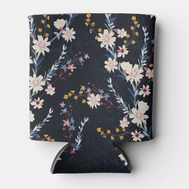 Night Garden Floral Navy Pattern Can Cooler (Front)