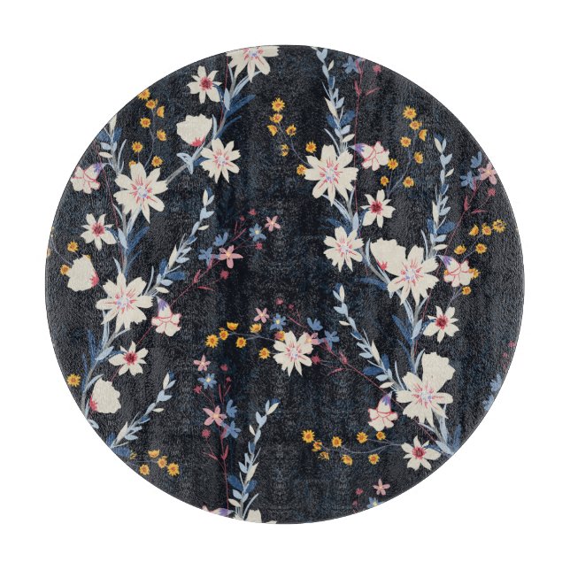 Night Garden Floral Navy Pattern Cutting Board (Front)