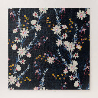Night Garden Floral Navy Pattern Jigsaw Puzzle