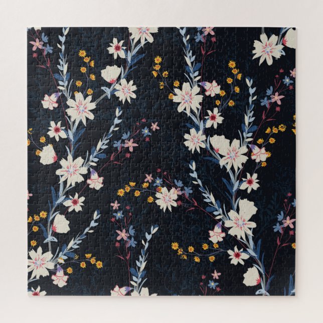 Night Garden Floral Navy Pattern Jigsaw Puzzle (Vertical)
