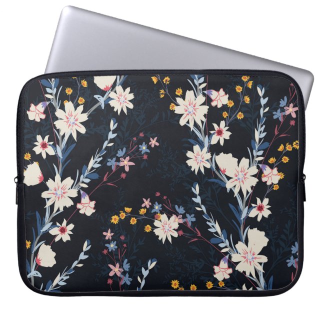 Night Garden Floral Navy Pattern Laptop Sleeve (Front)