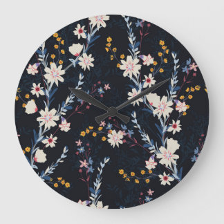 Night Garden Floral Navy Pattern Large Clock