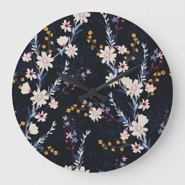 Night Garden Floral Navy Pattern Large Clock (Front)