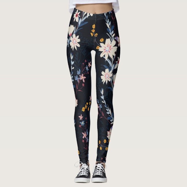 Night Garden Floral Navy Pattern Leggings (Front)
