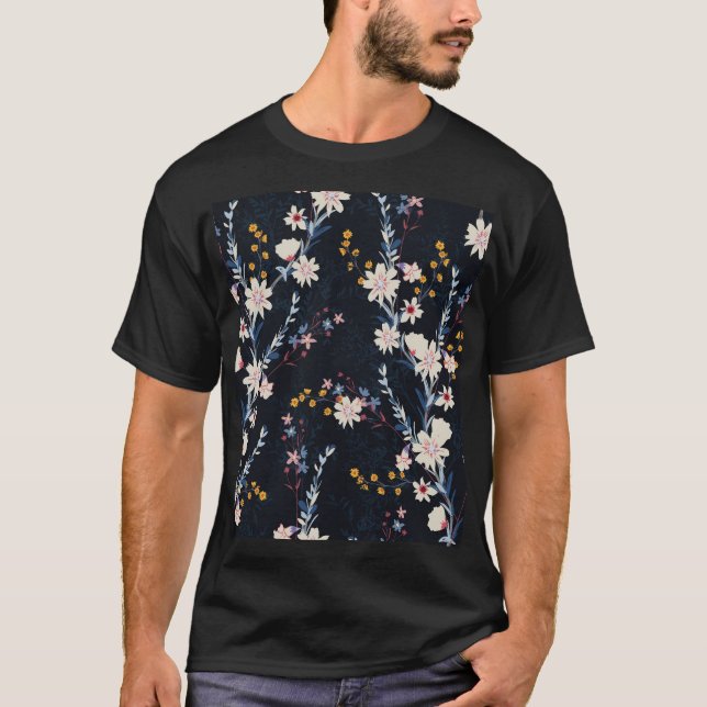Night Garden Floral Navy Pattern T-Shirt (Front)