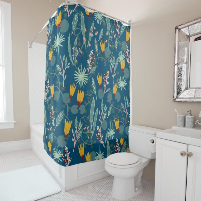 Night Garden Plants & Flowers Pattern Shower Curtain (In Situ)