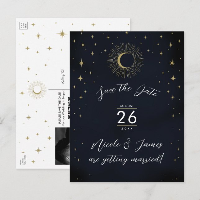 Night Gold Celestial Sunburst Photo Save The Date Announcement Postcard (Front/Back)