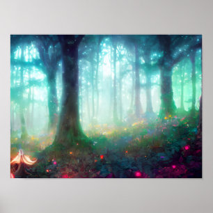 Night Green Mythical Forest - Dreamy Fantasy Art Poster