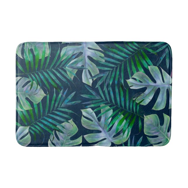 Night Green Tropical Leaves Bath Mat (Front)