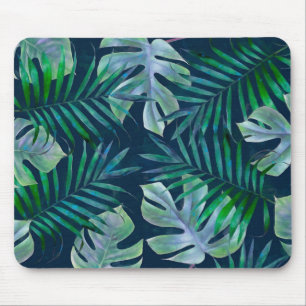Night Green Tropical Leaves Mouse Mat