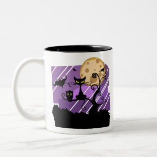 Night Halloween Moon Cat Tree Outside Owl Bat Two-Tone Coffee Mug