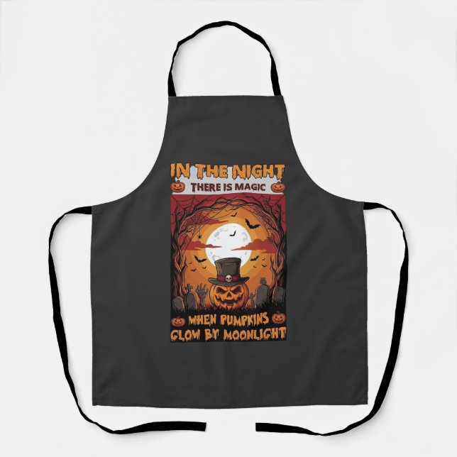 Night Halloween Pumpkin Top Hat Bats Graveyard_1 Apron (Front)