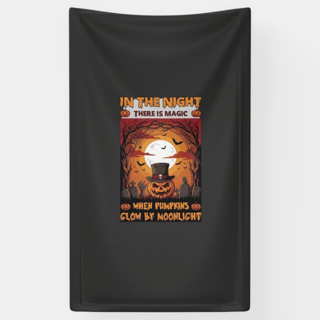 Night Halloween Pumpkin Top Hat Bats Graveyard_1 Banner (Vertical)