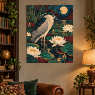 Night Heron Among Lilies Art Print