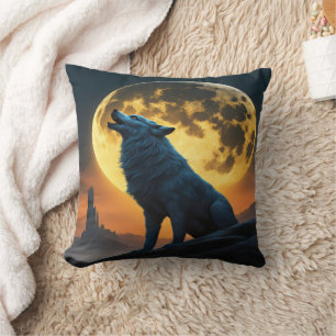 Night Howl Under a Full Moon in Fantasy Landscape Cushion