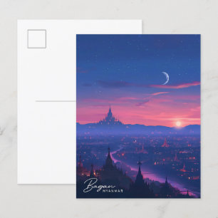 Night in Bagan Myanmar Vintage Travel Postcard