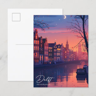 Night in Delft Netherlands Vintage Travel  Postcard