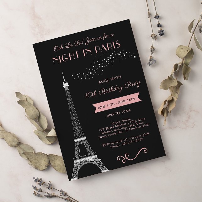 Night in Paris Girly Eiffel Tower Birthday Party Invitation (Creator Uploaded)
