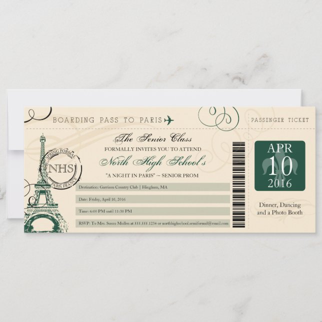 Night in Paris School Prom | Hunter Green Invitation (Front)