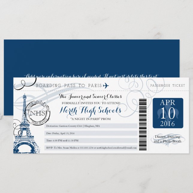 Night in Paris School Prom Invitation (Front/Back)