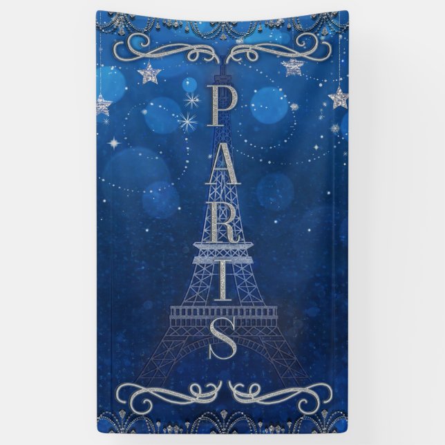 Night In Paris Under the Stars Blue Silver Party Banner (Vertical)